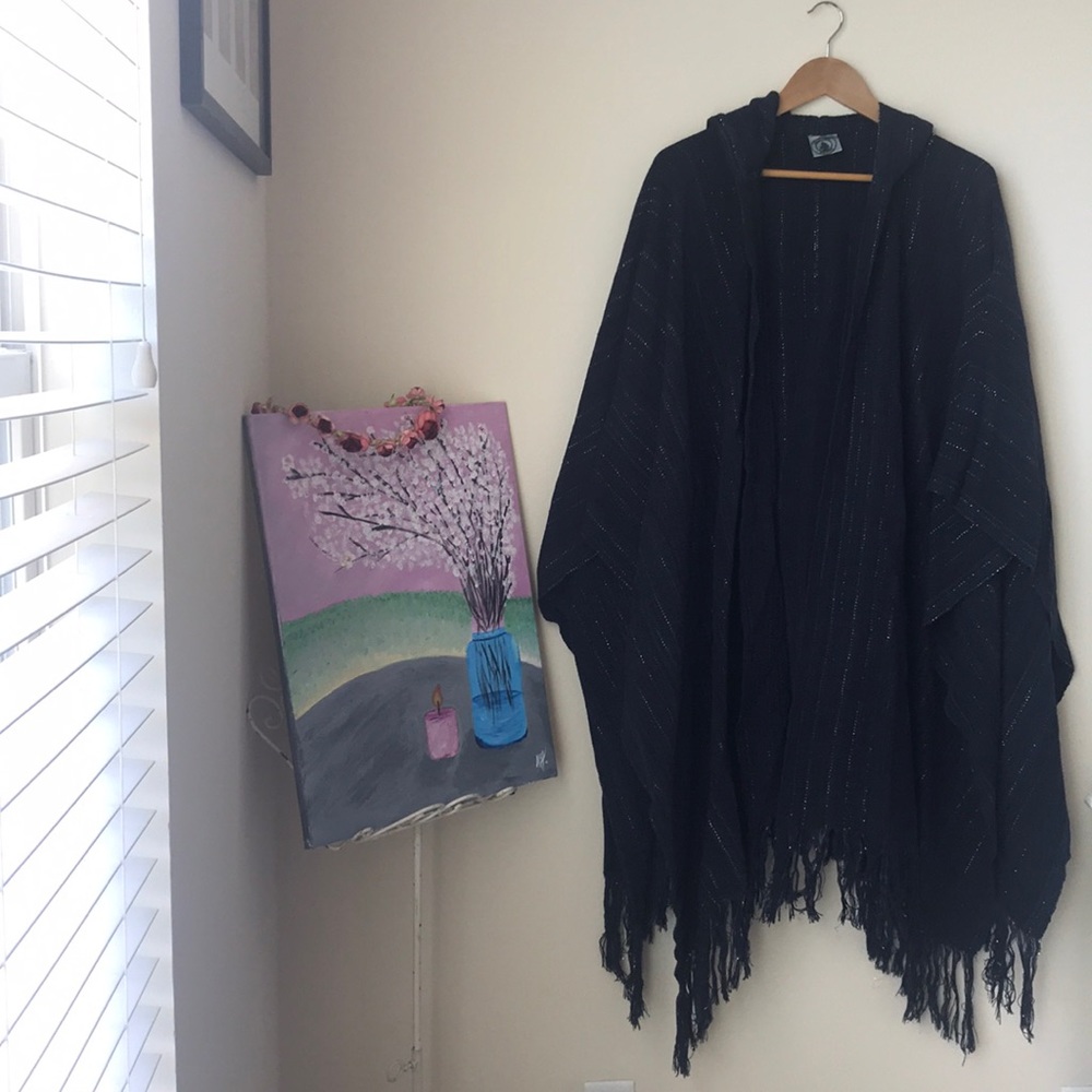 GreenTree Weaving Hooded Fringed Ruana Wrap